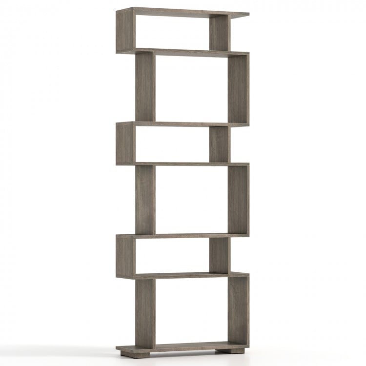 6-Tier Geometric Bookshelf with 2 Anti-Tipping Kits for Home Office-Oak