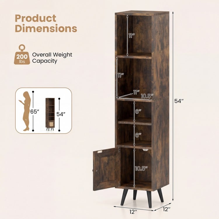6-Tier Tall Narrow Bookcase 54 Inches Slim Storage Cabinet-Rustic Brown