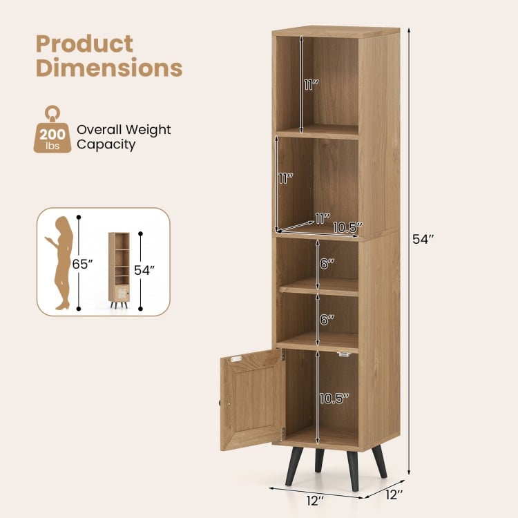 6-Tier Tall Narrow Bookcase 54 Inches Slim Storage Cabinet-Natural