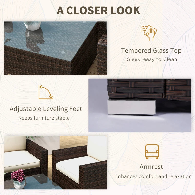 Outsunny Outdoor Furniture with Table, Wicker Furniture with Loveseat and 2 Chair for Garden, Poolside, Mixed Brown and Khaki