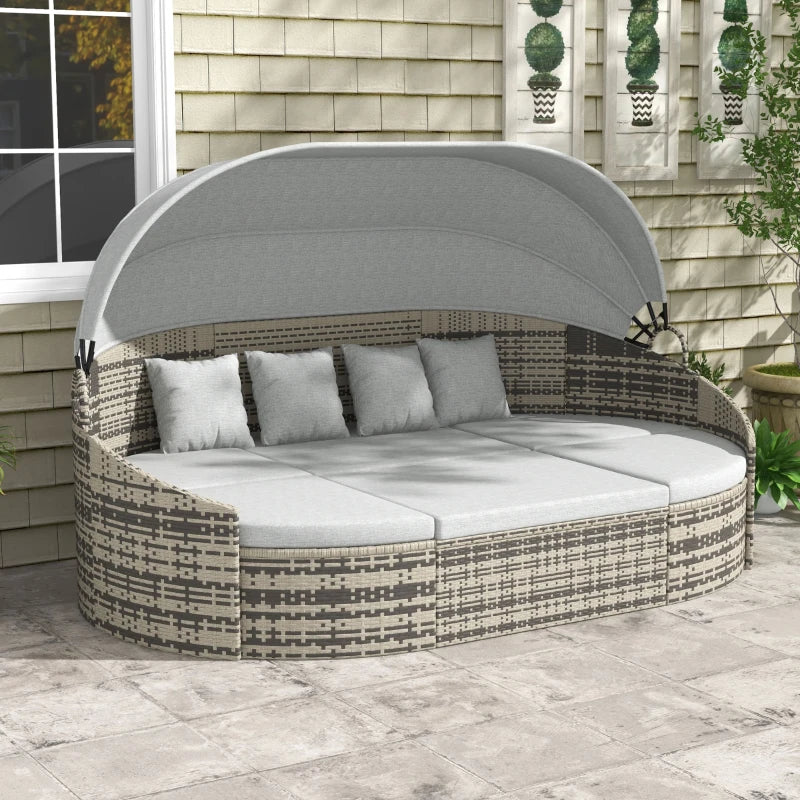Outsunny 4 Pieces Patio PE Wicker Round Daybed, Outdoor Rattan Garden Lounge Furniture Sets, Light Grey
