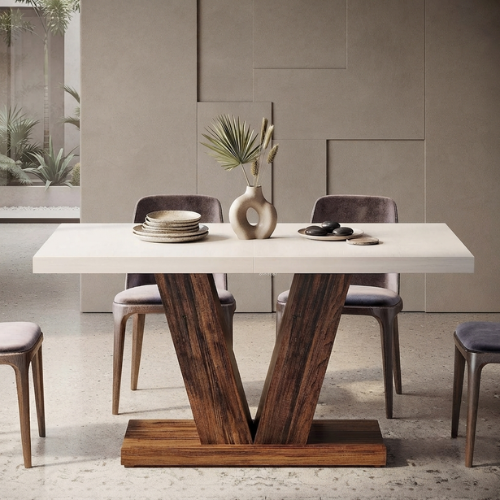 47" Farmhouse Dining Table, White & Oak Wooden Kitchen Table with Pedestal Base, 4–6 Seater