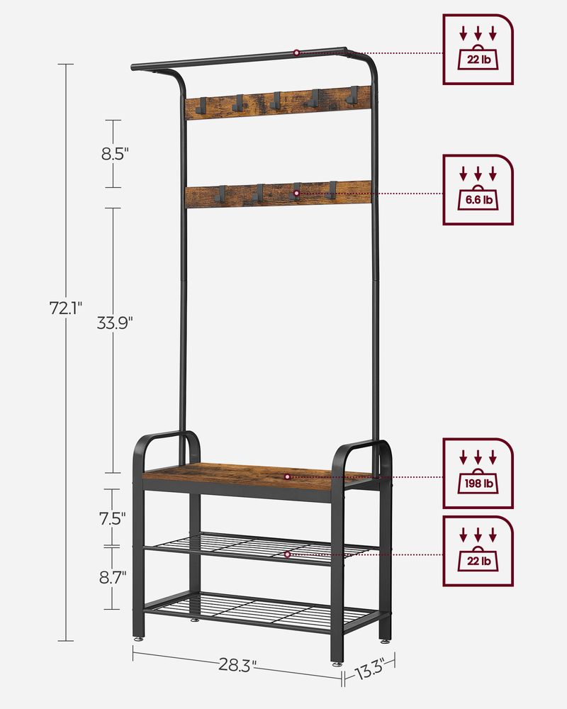 VASAGLE Industrial Coat Rack with Bench for Entryway
