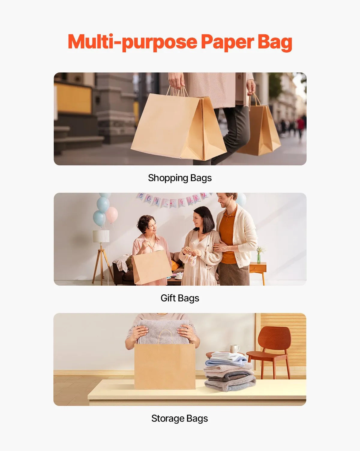 VEVOR Kraft Paper Bags with Handles – Large Eco-Friendly Bags