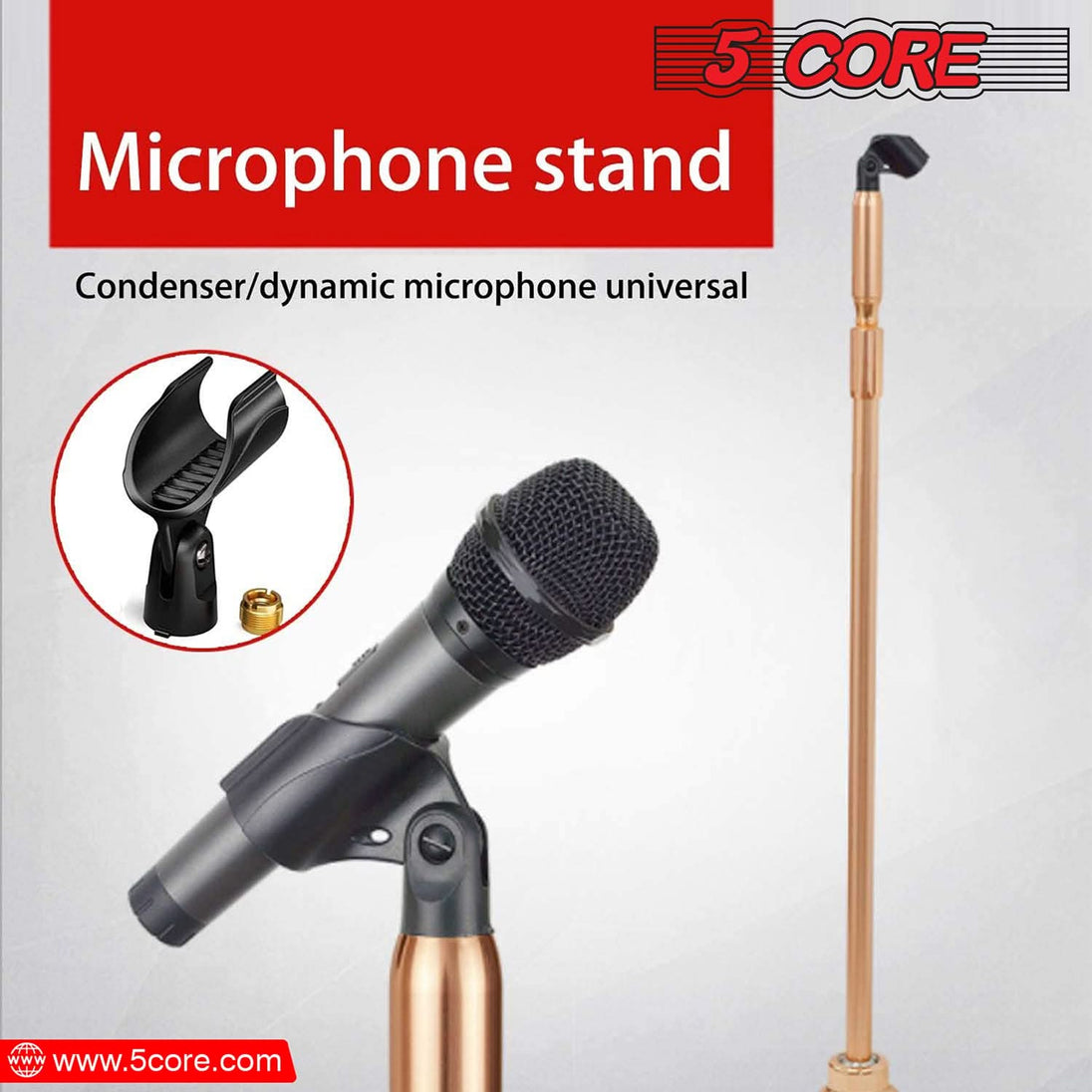 5Core 6-Pack Universal Microphone Clip Holder – Mic Mount with Gold-Plated 5/8" to 3/8" Screw Adapters