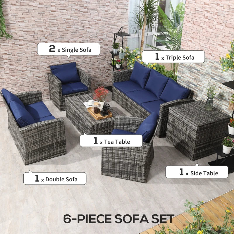 Outsunny 6 Piece Patio Furniture Set, Rattan Wicker Patio Sofa Set Sectional Outdoor Conversation Sofa Set Storage Table & Cushions, Blue