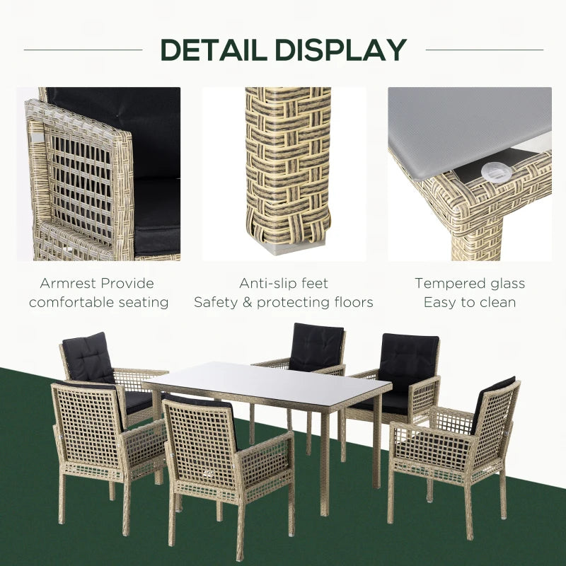 Outsunny 7 Pieces Patio Dining set, Outdoor Furniture Set, Wicker Armrests Chair and Tempered Glass Table Top, Black