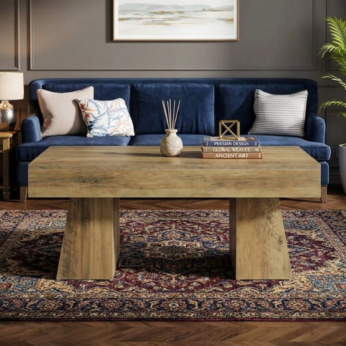 Rustic Farmhouse Coffee Table, 47.24-Inch Rectangular Center Table with Solid Base