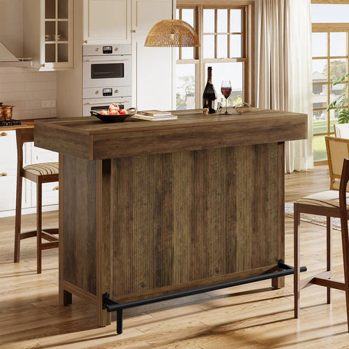 57.48" Industrial Bar Unit Counter Height Bar Table with 2-Tier Storage Shelf and Metal Footrest for Home Bar Dining Rustic Brown