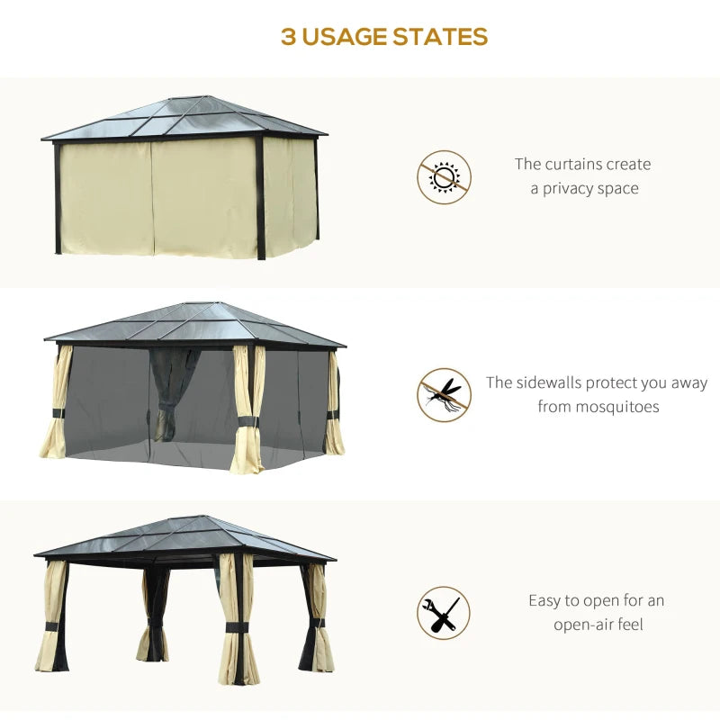 Outsunny 12' x 14' Deluxe Hard Top Patio Gazebo Canopy Garden Aluminum Shelter with Curtains and Mosquito Netting