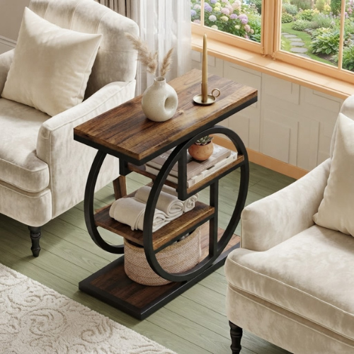 4-Tier Wood End Table, Narrow Industrial Side Table with Storage Shelves, Rustic Brown & Black Nightstand