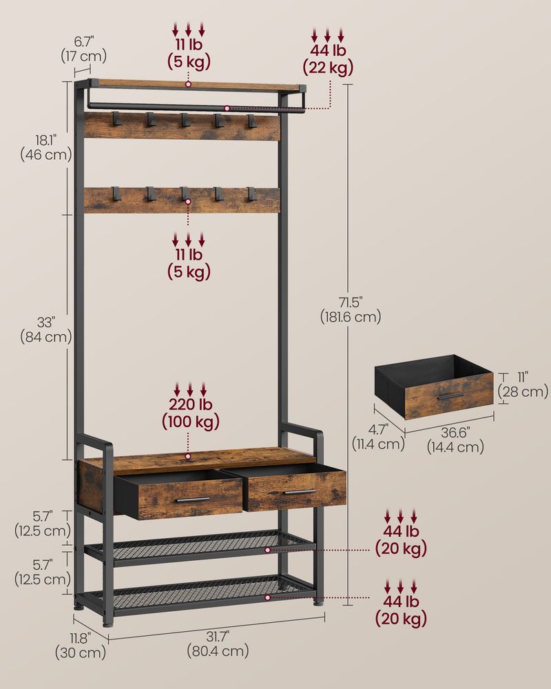 VASAGLE Hall Tree with Bench and Shoe Storage