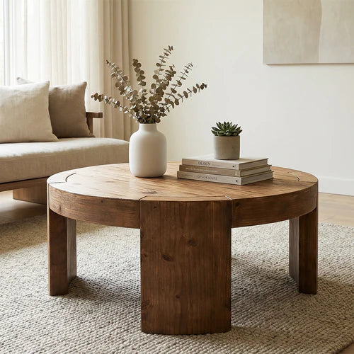 Coffee Table 31.5" Round Solid Wood Center Cocktail Tea Table Rustic Brown