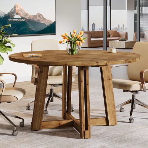 Conference Table 47" Solid Wood Round Meeting Table with Thickened Tabletop and Cross Base Design Brown