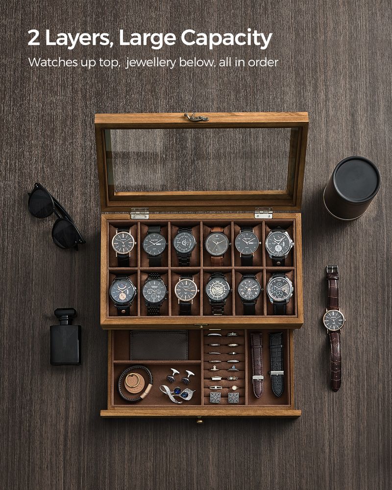 SONGMICS 8 & 12-Slot Watch Box with Large Glass Lid