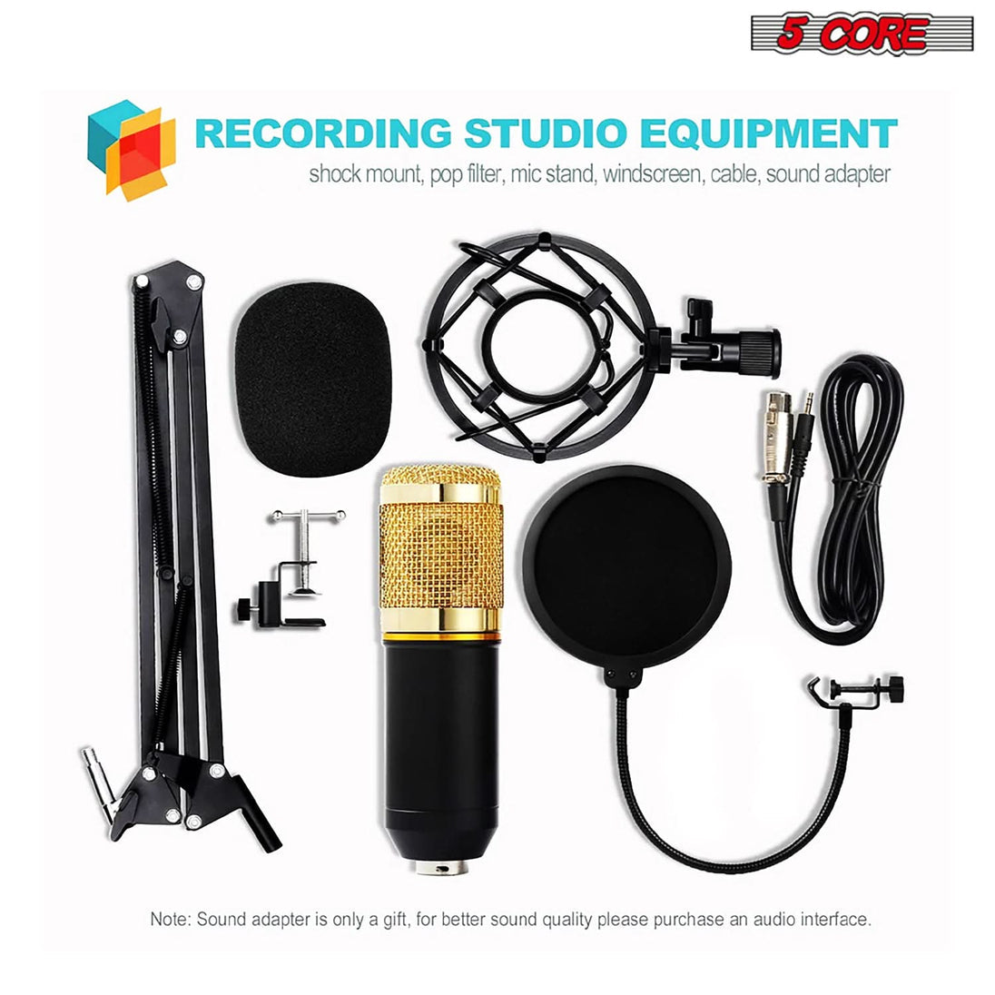 5Core Recording Microphone Podcast Bundle Professional Condenser Cardioid Mic Kit w Boom Arm REC SET