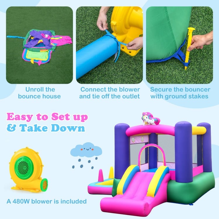 6-in-1 Bouncy Castle Inflatable Bounce House with Slide and Ball Pit with 480W Blower