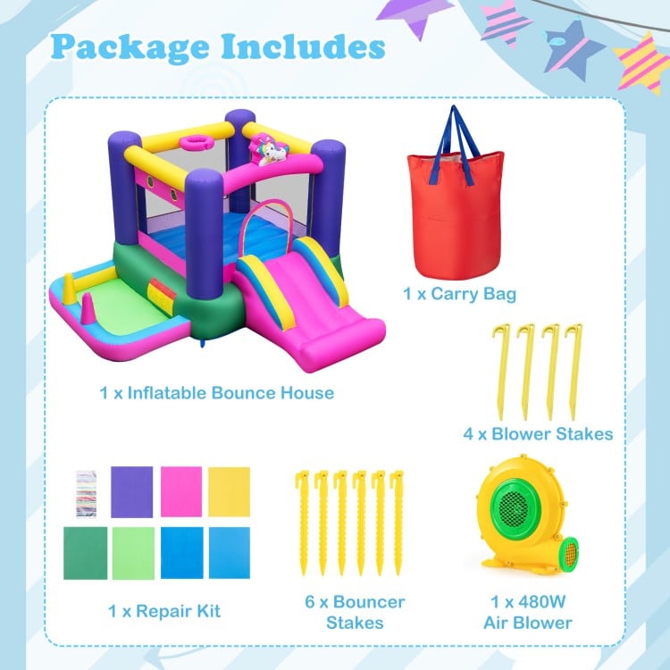 6-in-1 Bouncy Castle Inflatable Bounce House with Slide and Ball Pit with 480W Blower