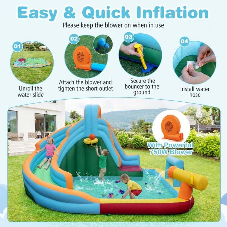 6-in-1 Inflatable Water Slide Park with 750W Blower for Yard