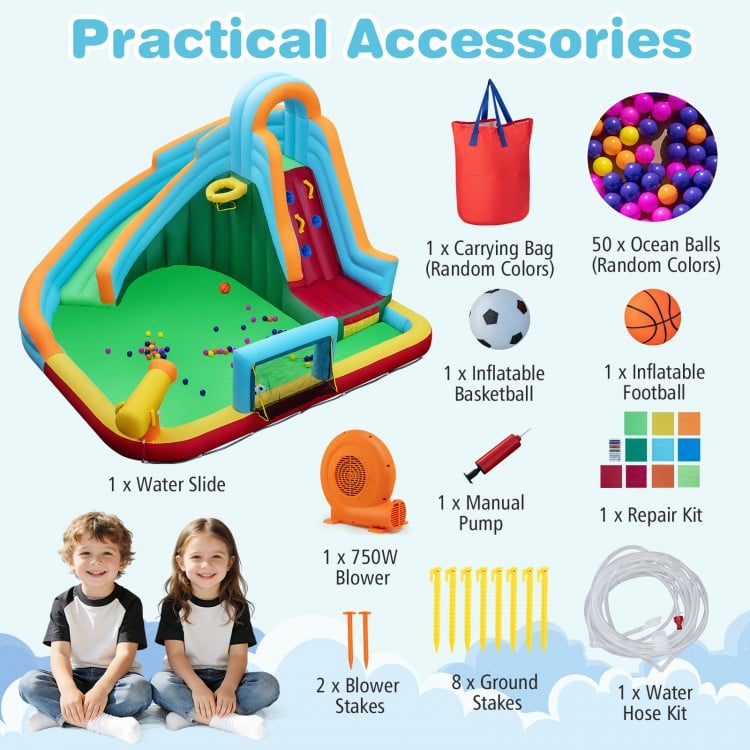 6-in-1 Inflatable Water Slide Park with 750W Blower for Yard
