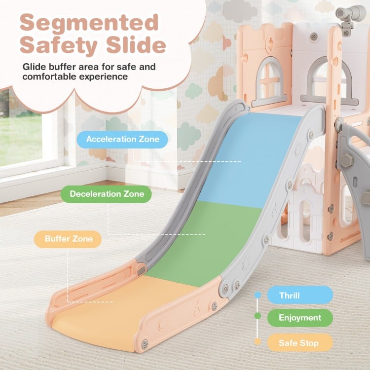 6-in-1 Toddler Slide L-shaped Playground with Basketball Hoop and Ladder-Pink