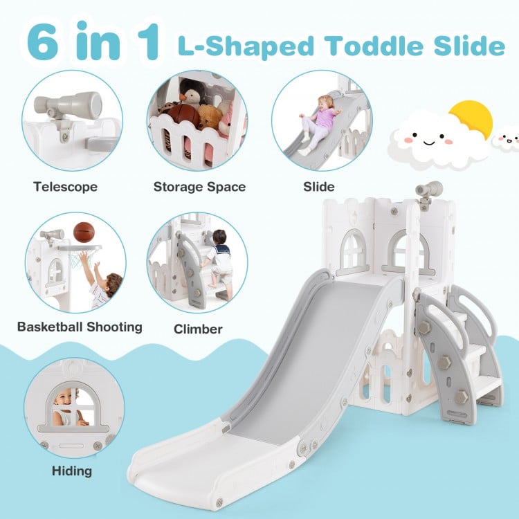 6-in-1 Toddler Slide L-shaped Playground with Basketball Hoop and Ladder-Gray