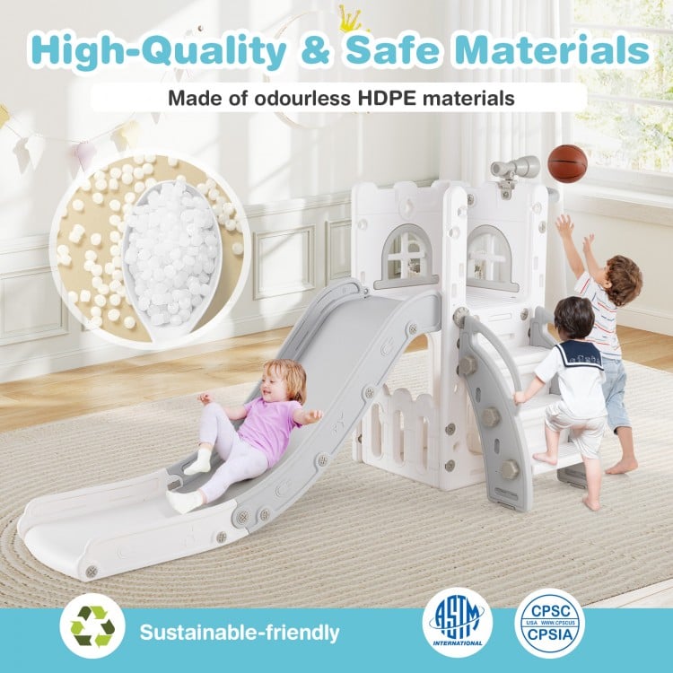 6-in-1 Toddler Slide L-shaped Playground with Basketball Hoop and Ladder-Gray