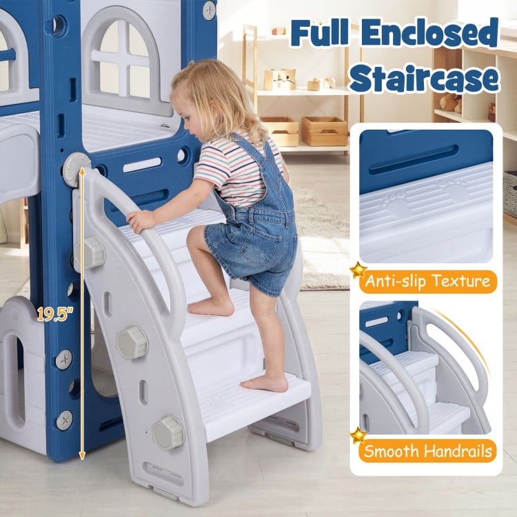 6-in-1 Toddler Slide L-shaped Playground with Basketball Hoop and Ladder-Blue