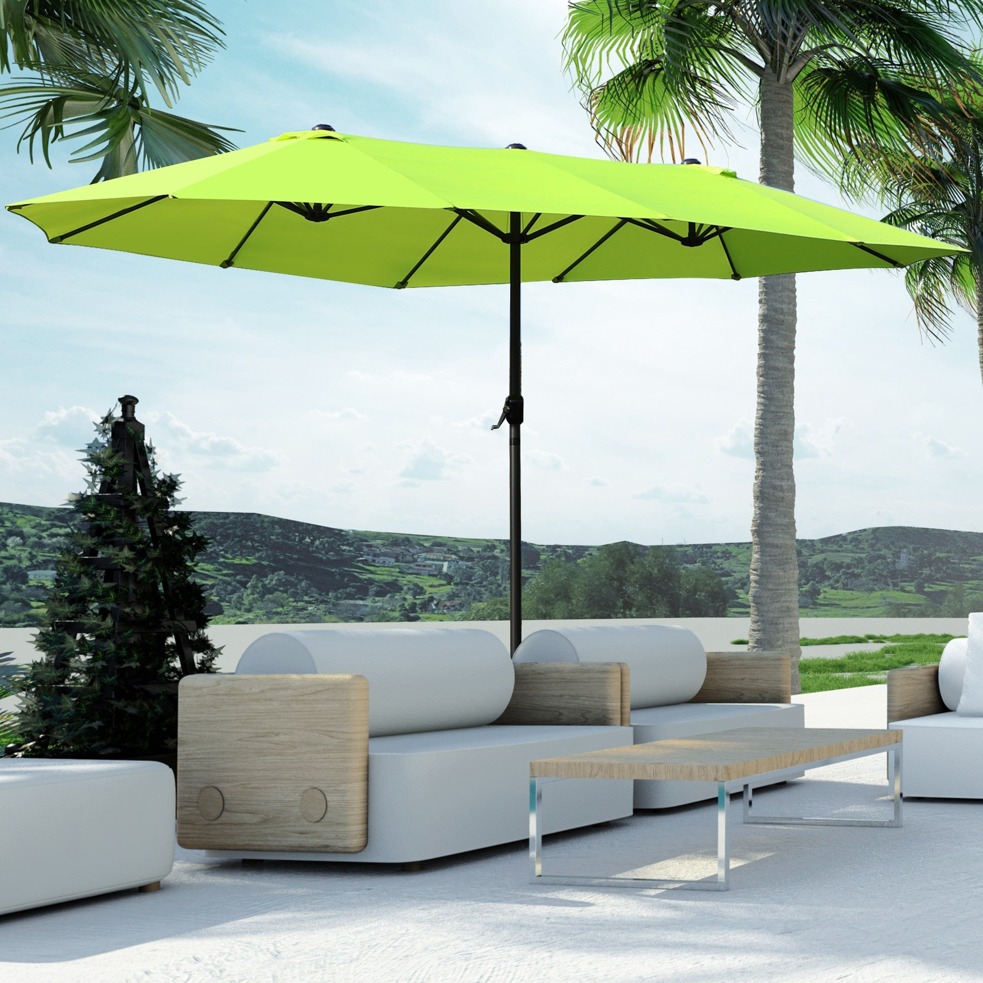 Outsunny 15ft Twin Canopy Patio Umbrella - Sunshade with Steel Table, Lift Crank in Green for Outdoor Comfort