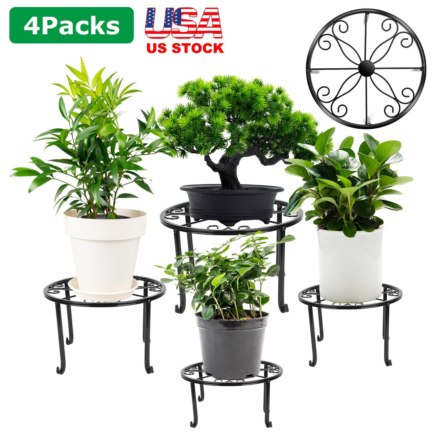 4Packs Iron Plotted Plant Stands Shelves Heavy Duty Round Flower Pot Holder Rack Home Yard Garden Patio Décor