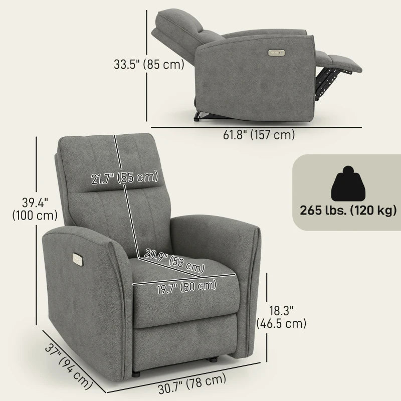 Power Recliner Chair, Fabric Upholstered Recliner Chair with USB Ports, Footrest, Grey