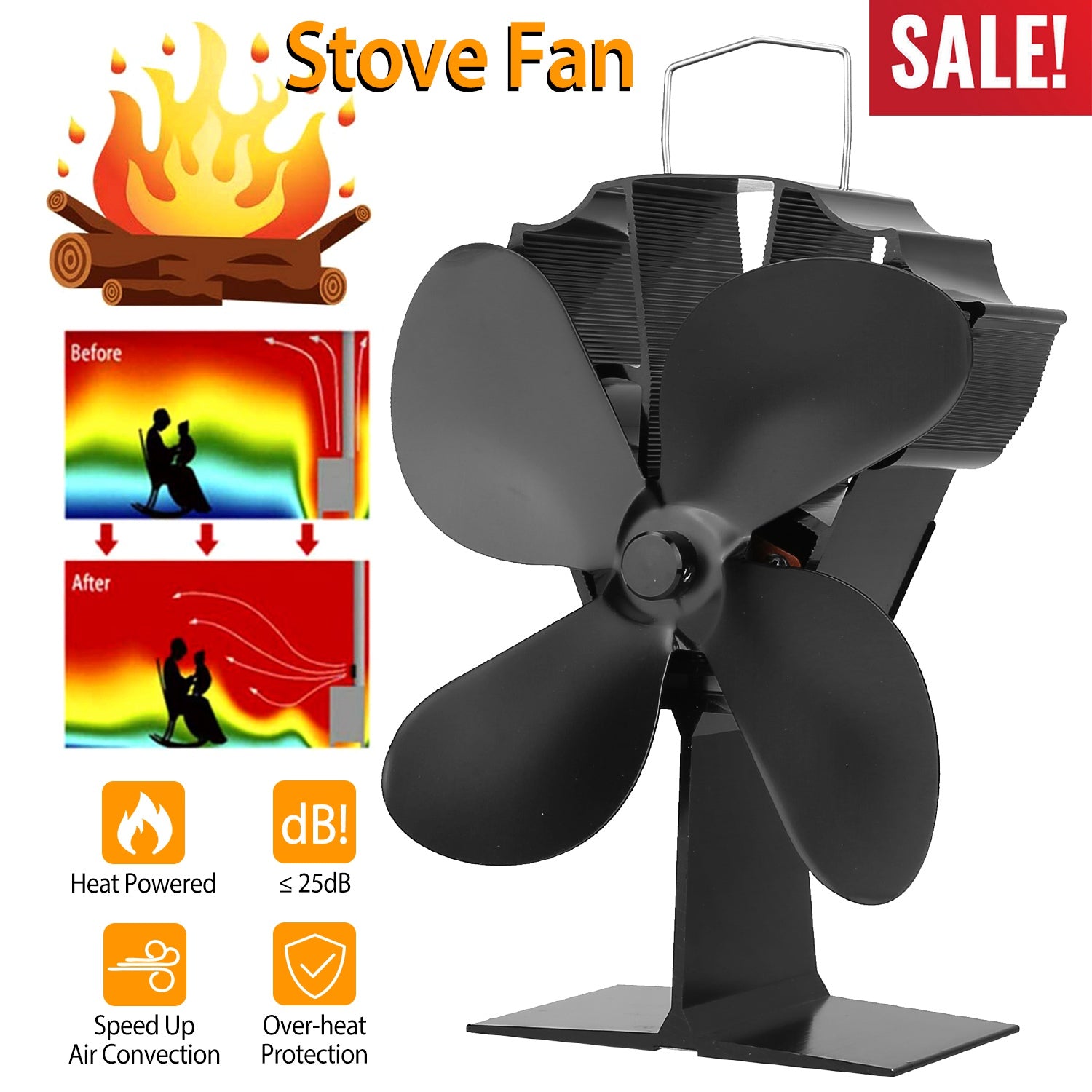 Heat Powered Stove Fan Aluminum Silent Eco Fan For Wood Log Burner Fireplace Warm Air Fan For Winter