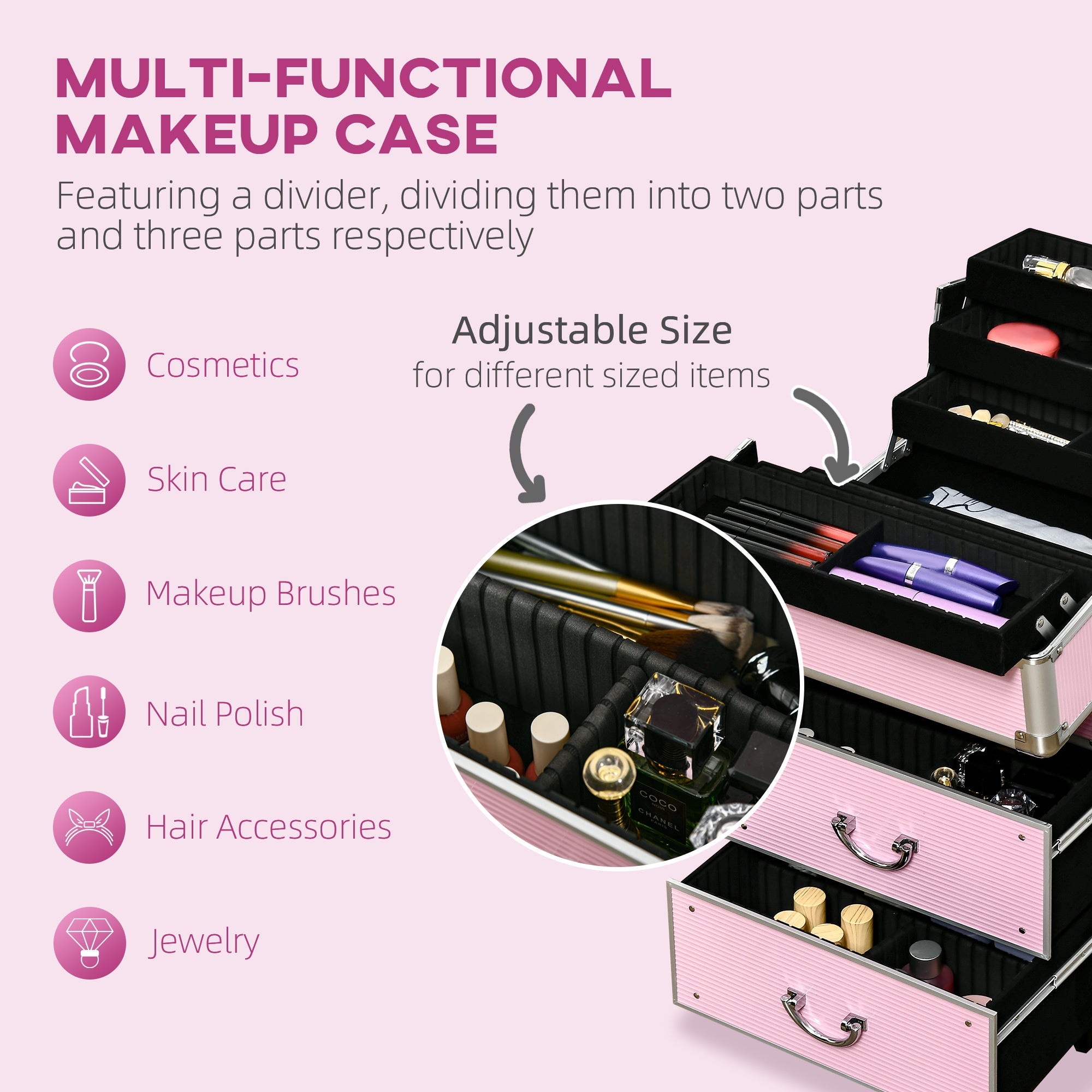 HOMCOM Large Cosmetic Trolley Rolling Makeup Train Case Storage Lockable Cart Pink with Folding Trays Swivel Wheels