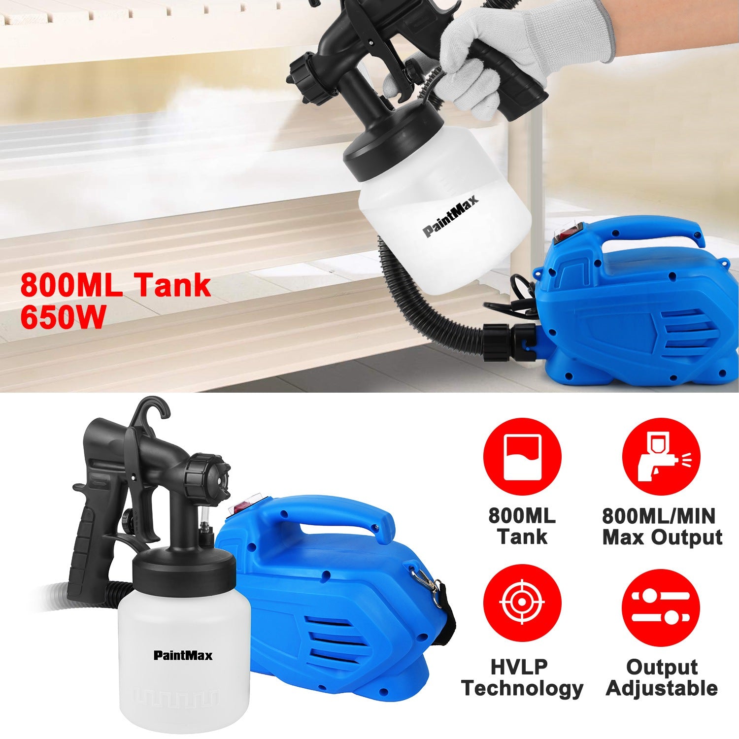 800ML Paint Spray Painter 650W Paint Sprayer Machine 800ML/Min Output HVLP Oil Primer Water Sprayer w/ 3 Spraying Patterns Motor Strap Detachable Cont
