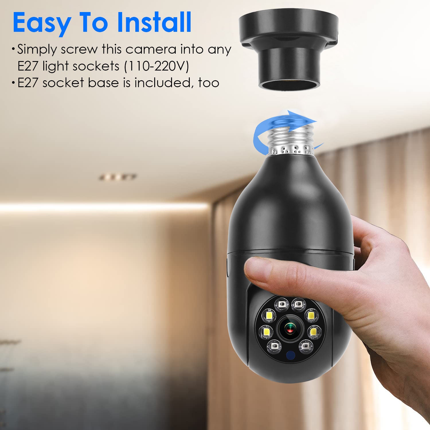 E27 WiFi Bulb Camera 1080P FHD WiFi IP Pan Tilt Security Surveillance Camera with Two-Way Audio Night Vision Motion Detection Function APP Control