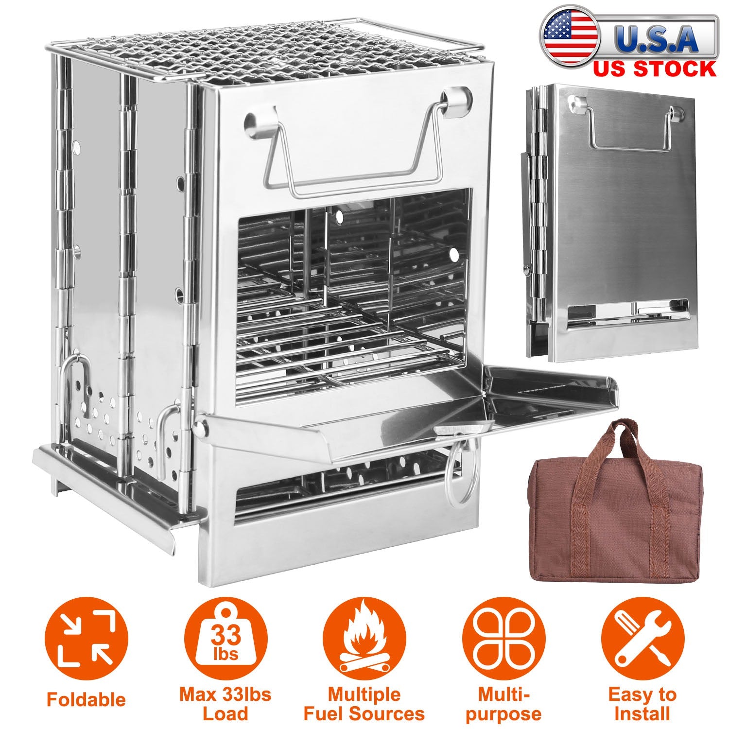 Portable Backpacking Stove for Camping Hiking Picnic BBQ Outdoor Cooker Folding Travel Charcoal Stove with Handle Carry Bag 2 Bolts