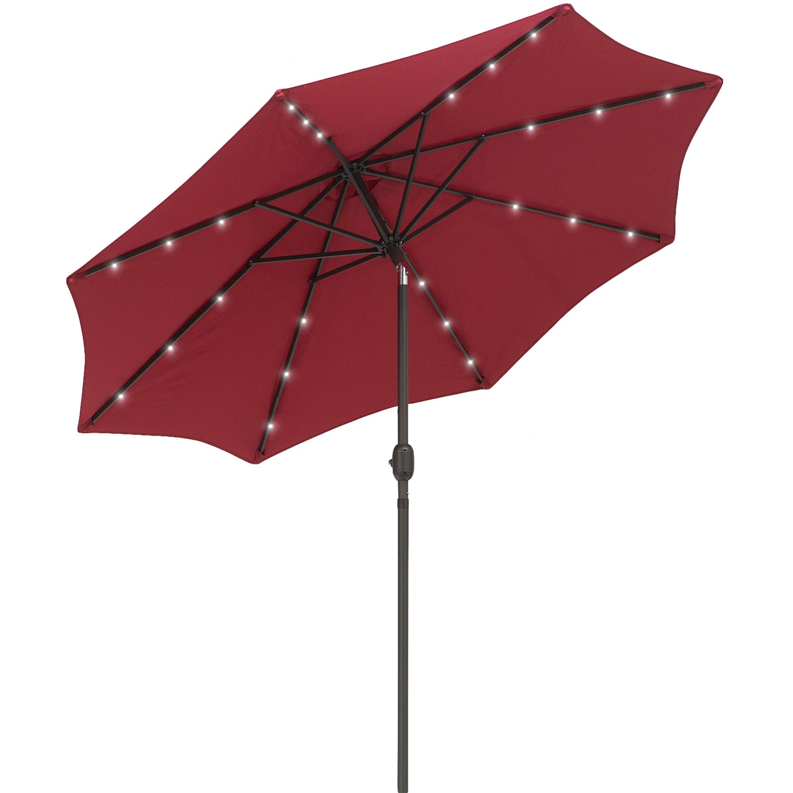 Outsunny 9ft Solar LED Patio Umbrella: Wine Red Tilt Canopy Sunshade for Stylish UV Protection