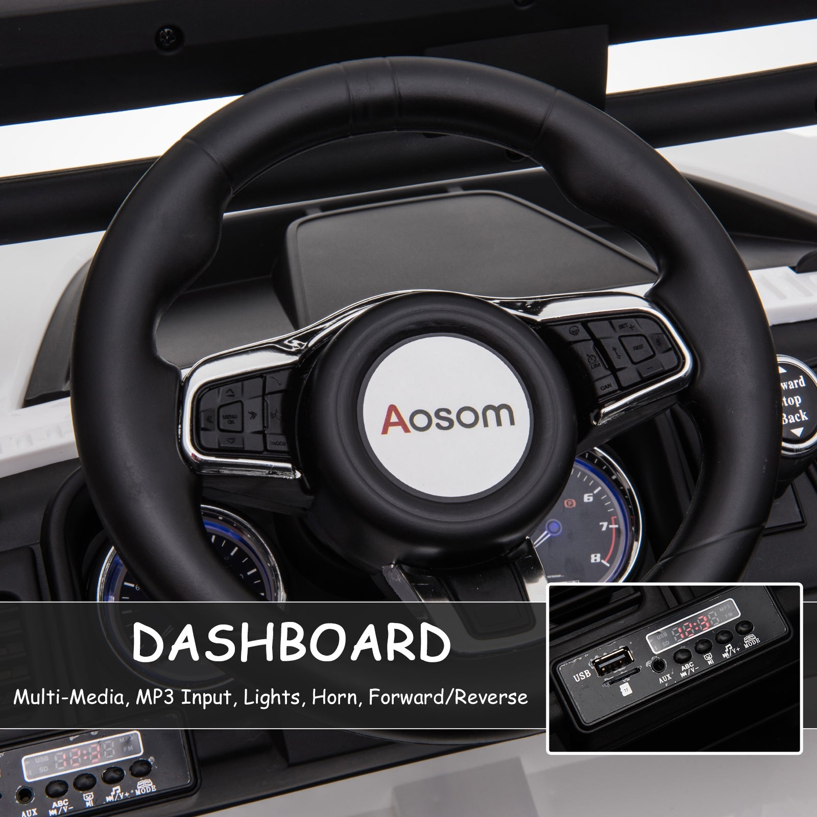 Aosom 12V Kids Police Truck Ride-On Car RC 2-Seater with LED Lights MP3 Parental Remote Control White