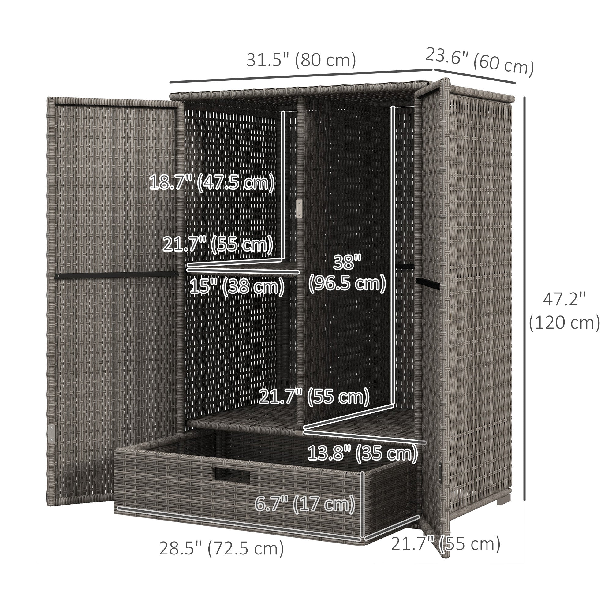 Outsunny Wicker Outdoor Storage Cabinet, 2-Door Rattan Pool Towel Storage Cabinet with Drawer & Removable Shelf, Dark Grey