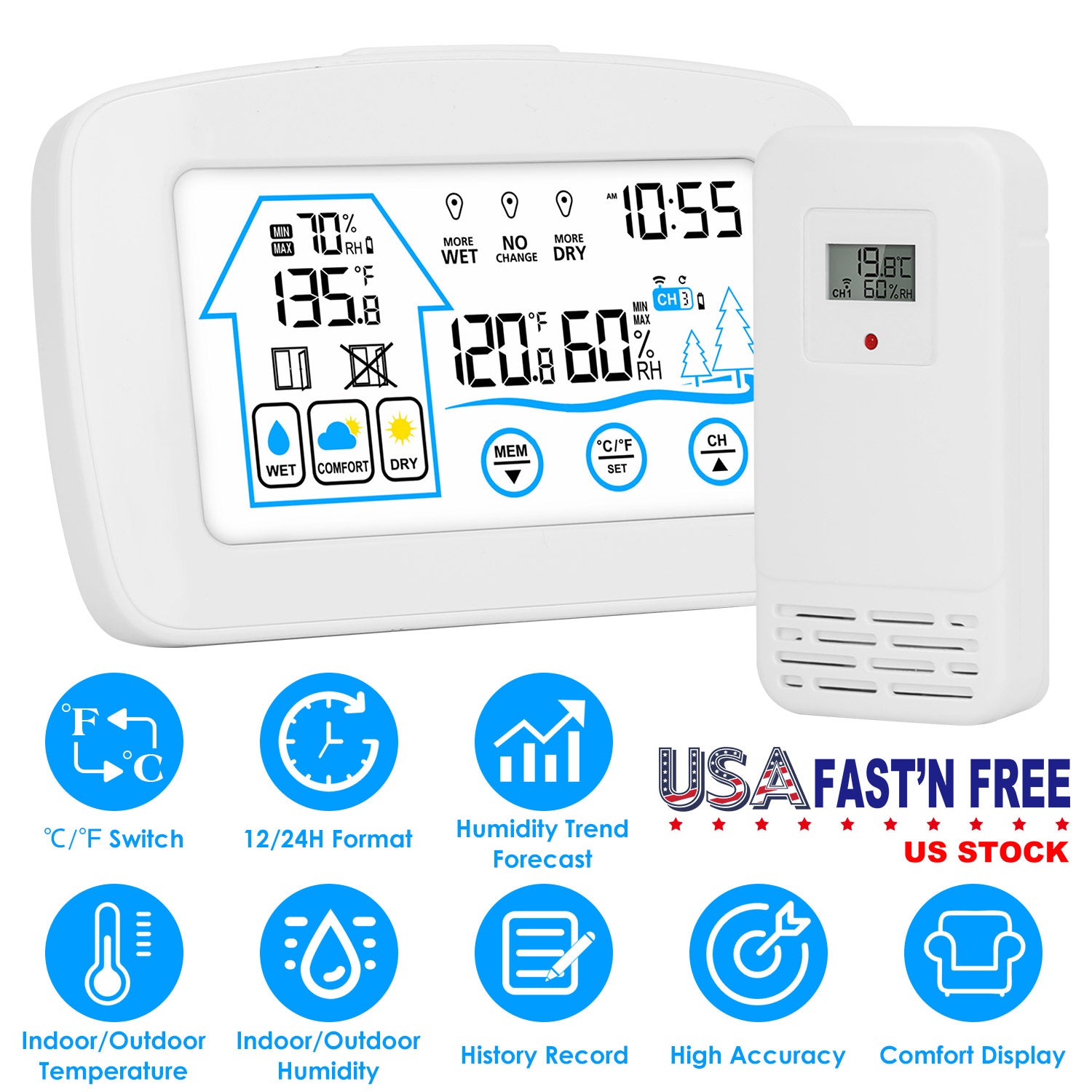 Wireless Weather Station With Clock 196FT Range Indoor Outdoor Thermometer Sensor Temperature and Humidity Monitor Humidity Forecast Battery Powered B