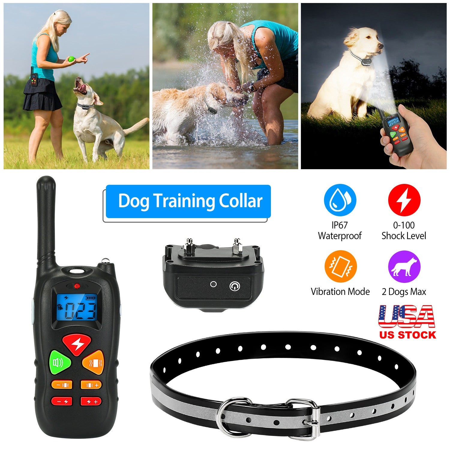 iMounTEK Dog Training Collar Dog Shock Collar with Remote IP67 Waterproof 300mAh Rechargeable 1640ft Remote Dogs Pet Trainer with LED Light Beep Vibra