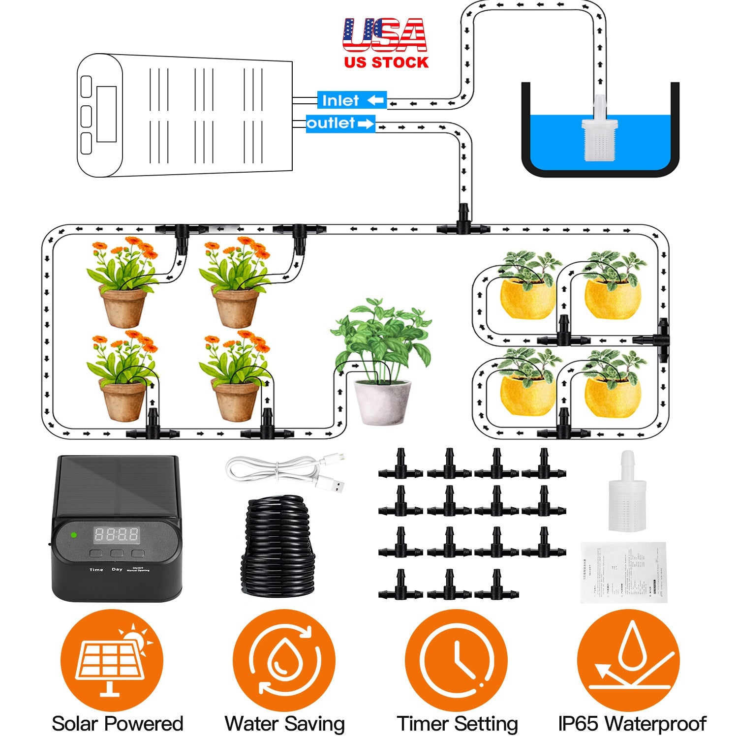 Automatic Solar Powered Drip Irrigation System Kit Rechargeable Plant Programmable Watering Timer Device Up to 15 Plants For Indoor Outdoor Patio Gard