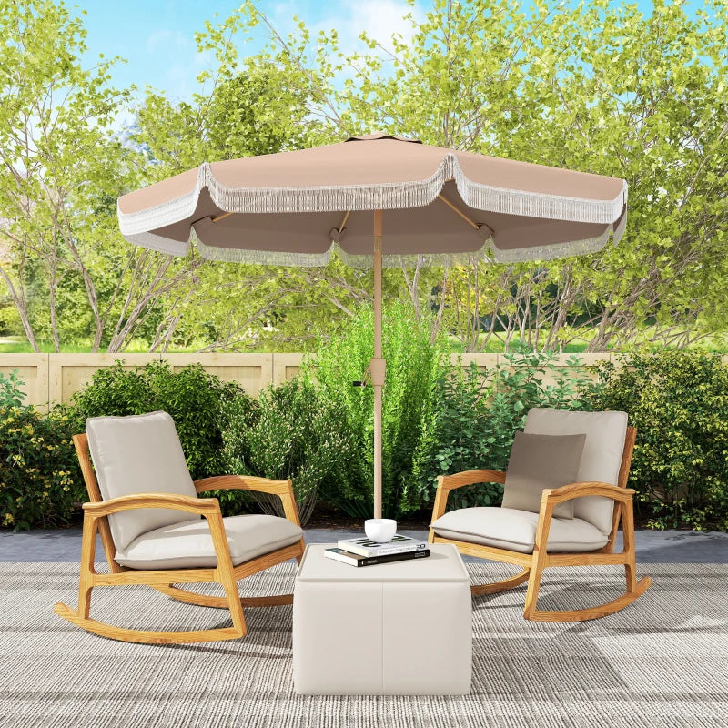 9 ft Patio Umbrella with Push Button Tilt and Crank, Fringed Outdoor Market Table Umbrella Parasol, Khaki