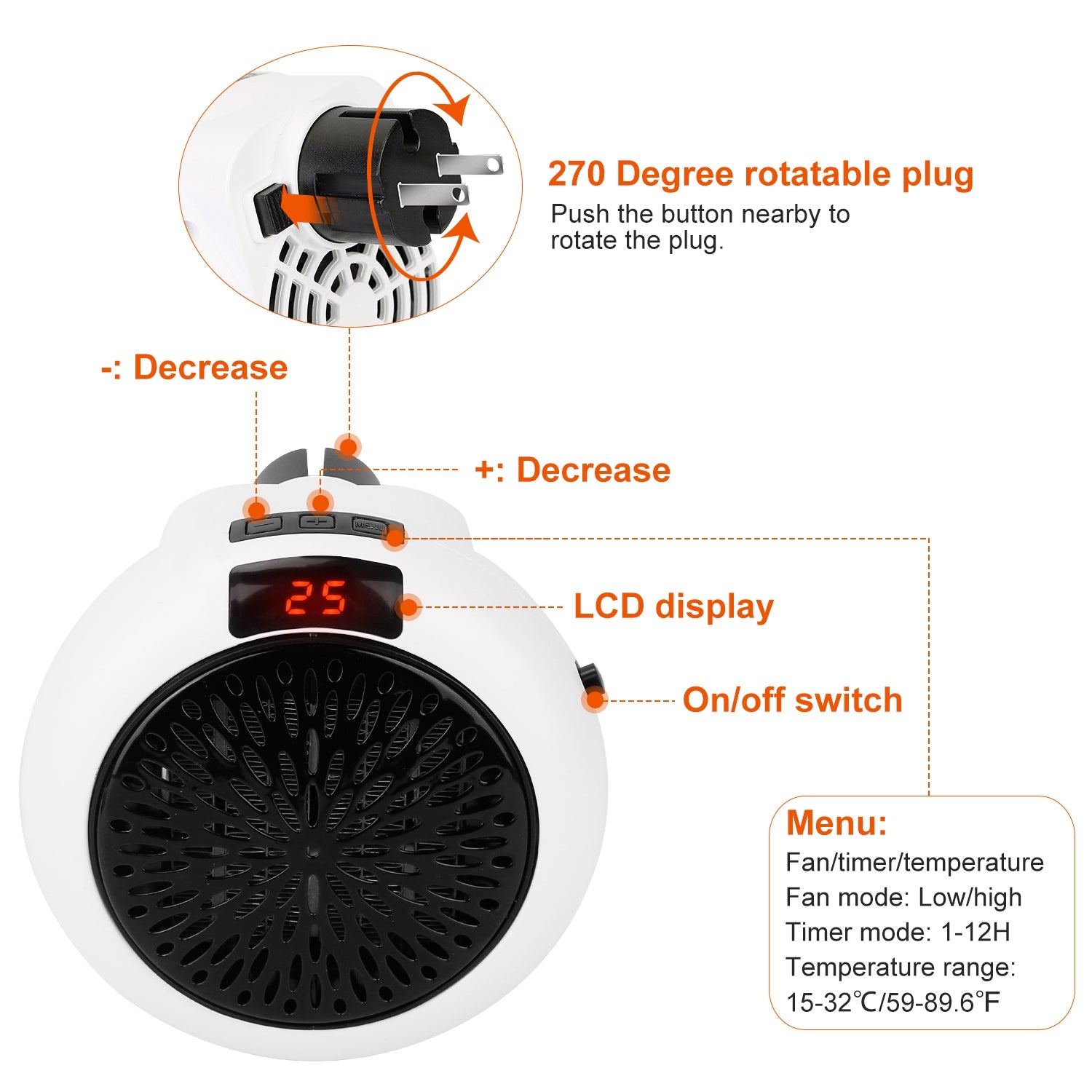 900W Portable Heater Fan Wall Outlet Space Heater Plug-in Heater Adjustable Temperature Auto Shut off w/Remote Control