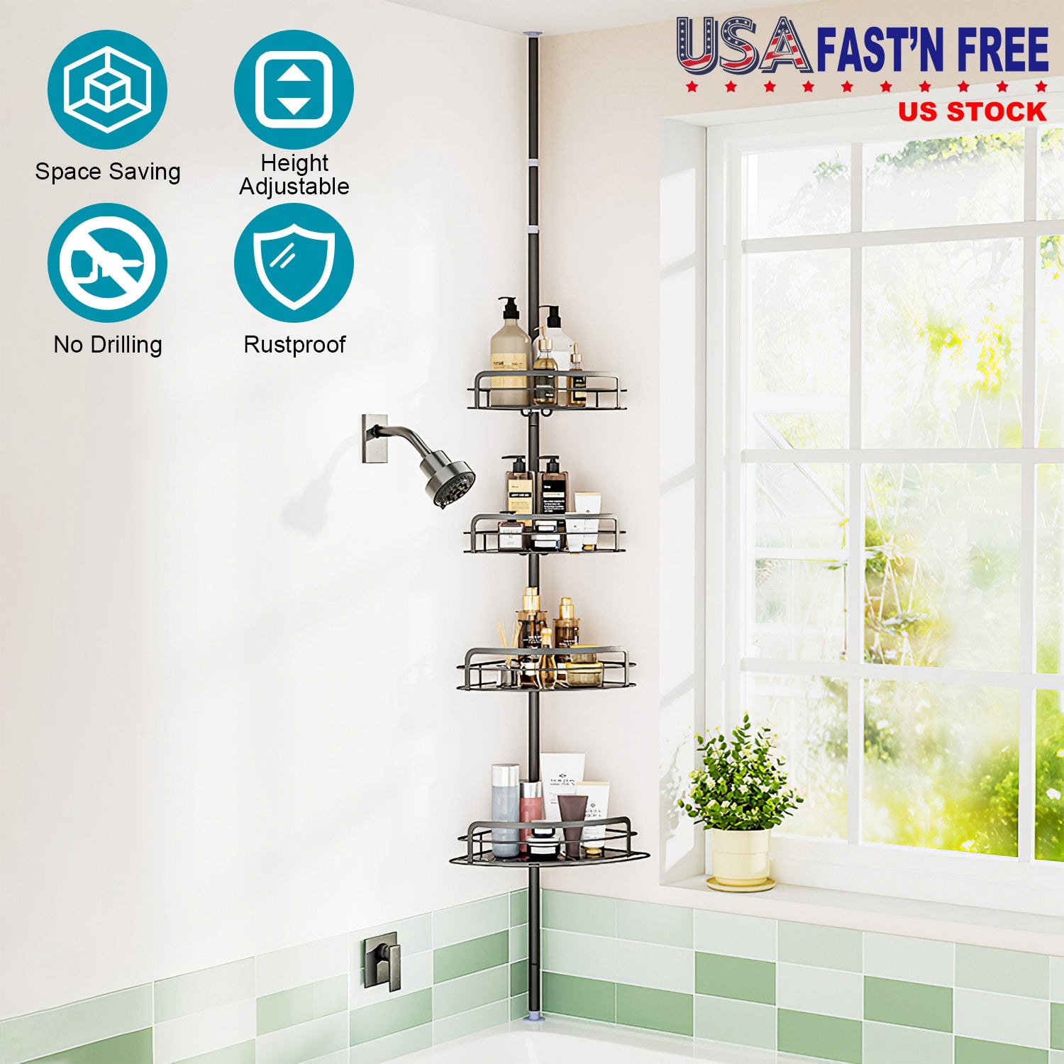Rust-Resistant Corner Shower Caddy For Bathroom 4 Height Adjustable Shelves With Tension Pole Towel Bar Hanging Hook Floor Standing Bath Storage Rack
