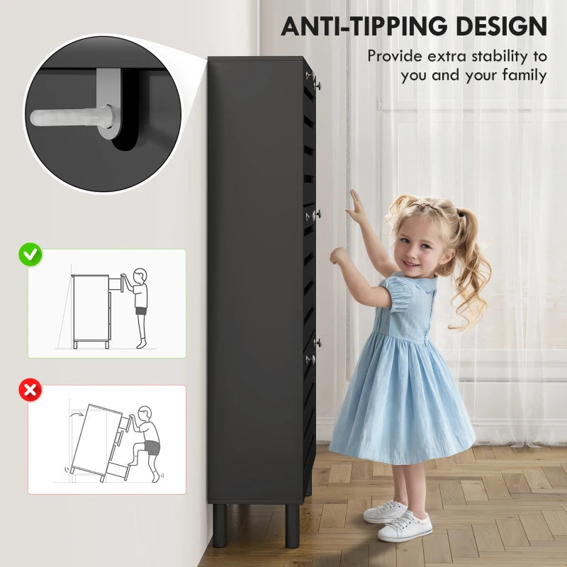 Narrow Shoe Storage Cabinet, 3 Flip Drawers, Adjustable Shelves, 18-24 Pairs Capacity, Black
