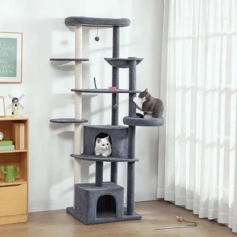 79" Extra Tall Cat Tree with Scratching Posts, Perches, Caves, Hammock, Pompoms, for 2-3 Indoor Cats, Dark Grey