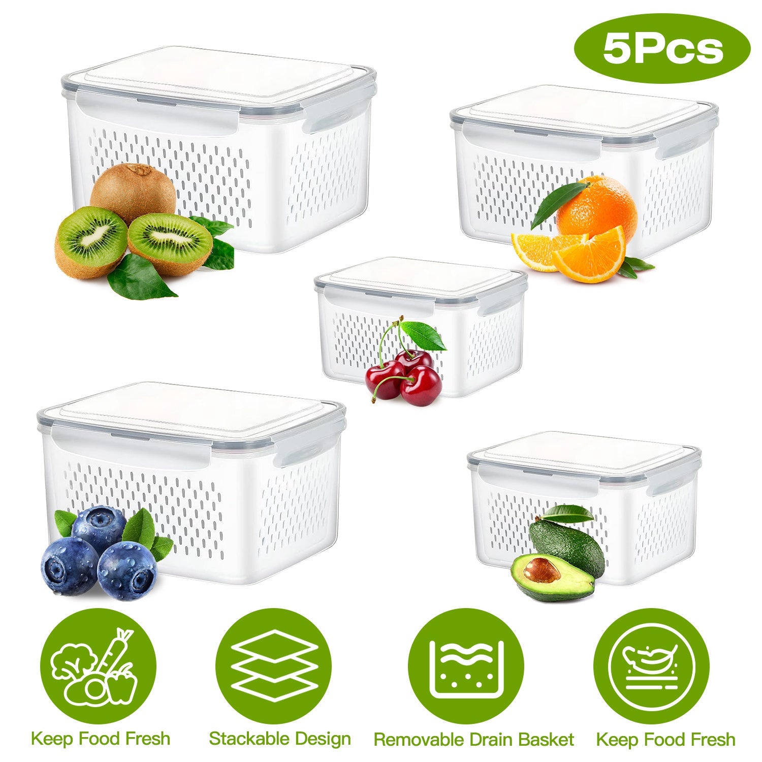 5Pcs Fruit Vegetable Containers with Removable Drain Basket Leakproof Lid Stackable Food Storage Organizer for Fridge Dishwasher Safe