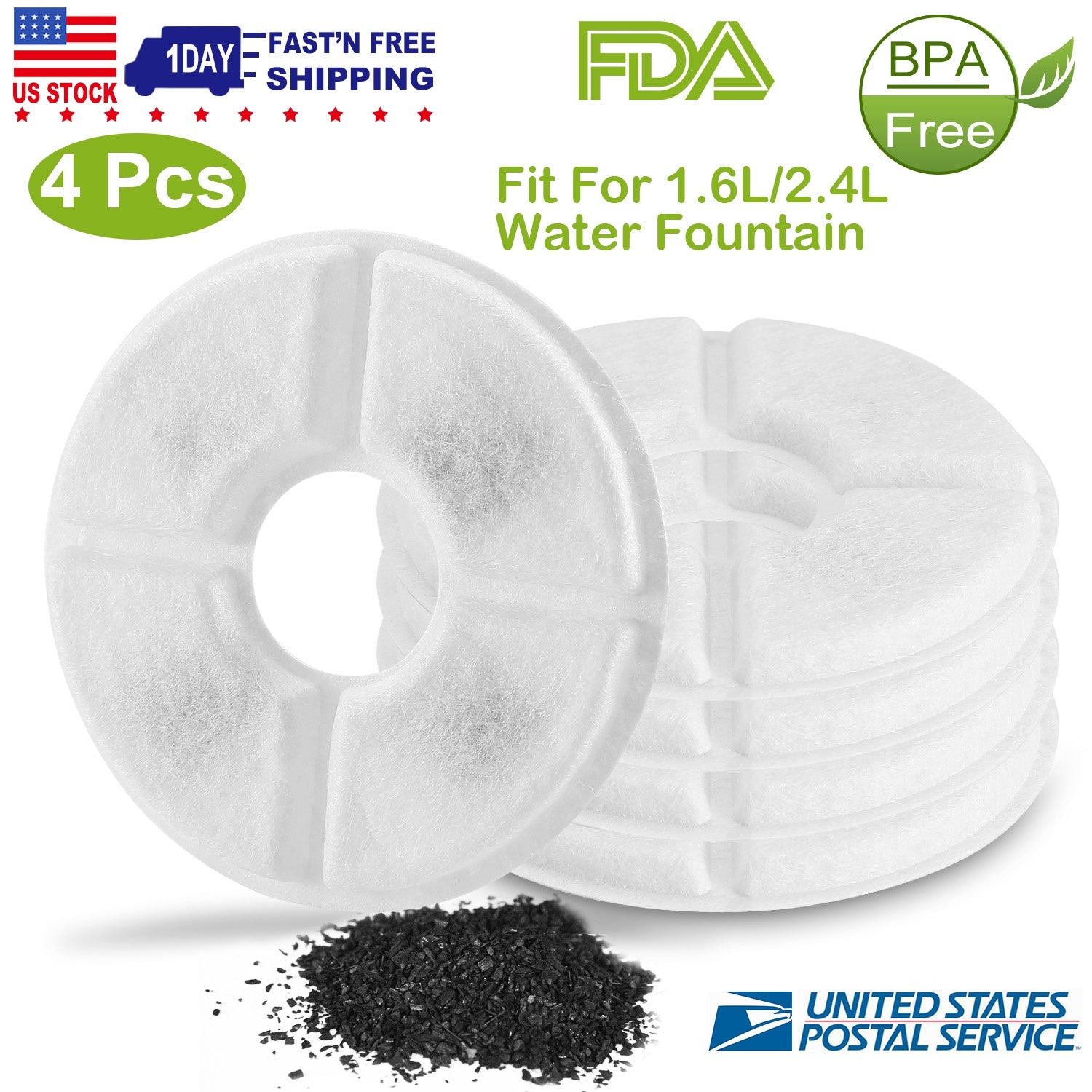 4Pcs Pet Cat Water Fountain Replacement Filters Active Carbon Filter for 1.6L/2.4L Pet Fountain Dispenser Waterer