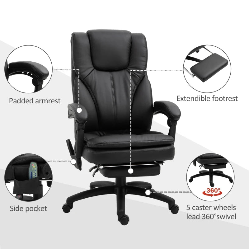 Office Chair High Back 6-Point Vibration Massage Reclining 360° Swivel Height Adjustable with Retractable Footrest